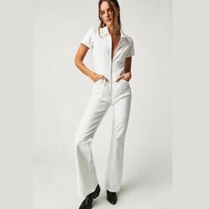 051 Free People Jayde Flare Jumpsuit White Stretch Denim (Size Large) $158 NWT